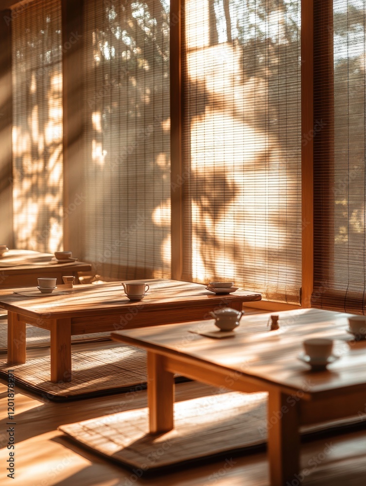 Poster tranquil korean tea house with wooden tables and natural light streaming through the windows. genera
