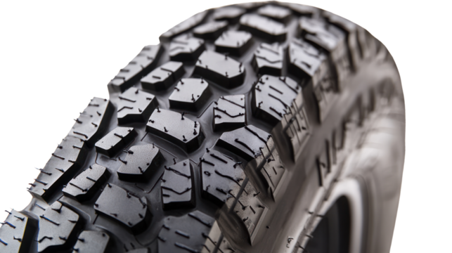 Close-up of a rugged tire showcasing its intricate tread pattern, designed for off-road adventures and optimal grip on various terrains.