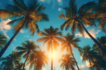 Fototapeta premium Tropical Paradise with Vibrant Palm Trees at Sunset for Scenic Designs