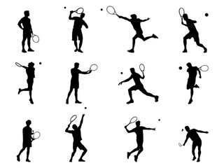 Set of Man Tennis Player Silhouette in various poses isolated on white background