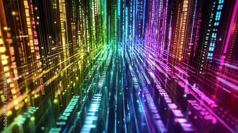 Aufkleber a closeup of encrypted data streams flowing through a network depicted as colorful streams of light 