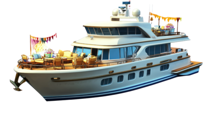 A luxurious yacht with elegant seating, flags, and leisure spaces, ideal for relaxation and entertainment on the water.