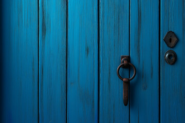 Rusty metal handle on old blue wooden door with antique iron details
