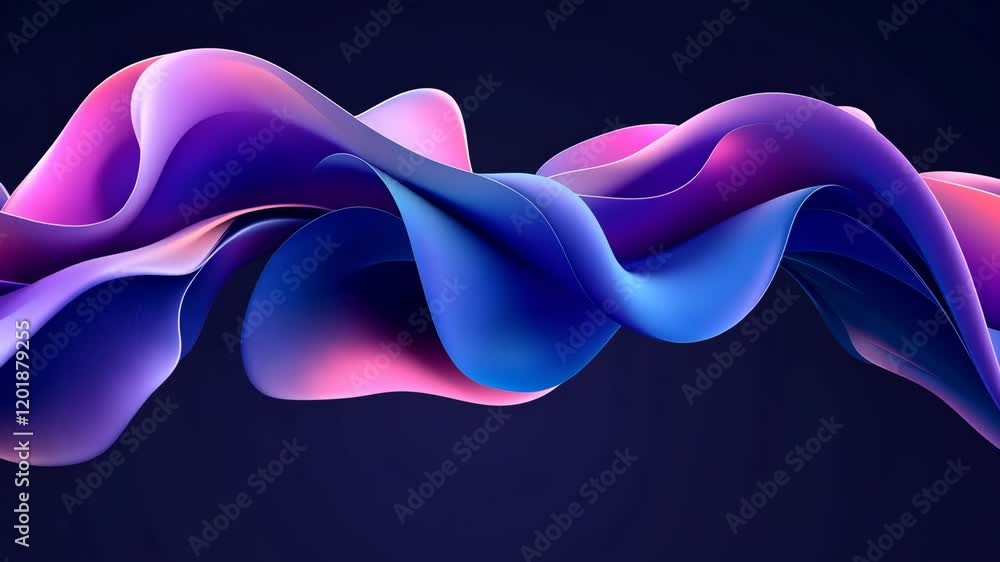 Poster vibrant wave forms undulate in shades of pink and blue against a dark background, creating a mesmeri