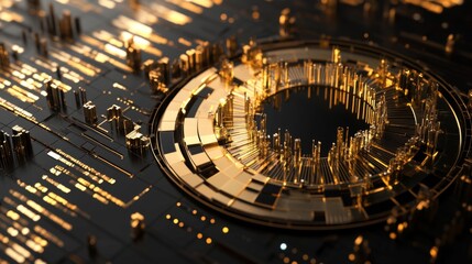 Obraz premium A top-down view of a D gold radar chart with multiple golden axes, illustrating financial metrics and performance indicators in an elegant, three-dimensional format.