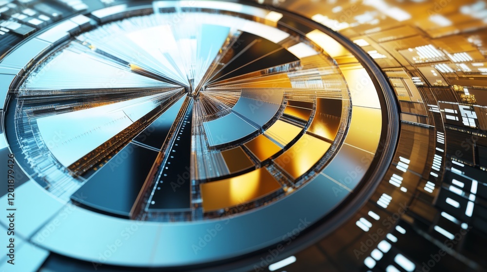 Poster A top-down view of a D pie chart representing different financial sectors, with shiny, metallic segments and clear labels indicating various investment categories.