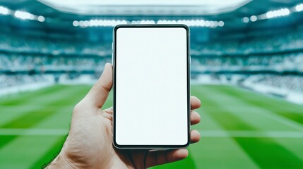 Hand holding smartphone with white screen mockup on background Soccer game at the stadium