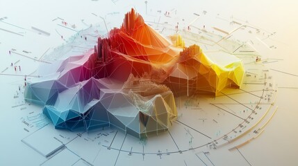 A top-down view of a D radar chart with multiple axes, showing overlapping data series in a visually striking and informative format.