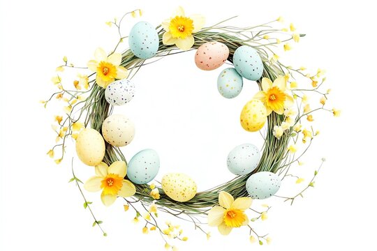4w Watercolor Easter wreath with willow, daffodils and eggs, isolated on white background. 