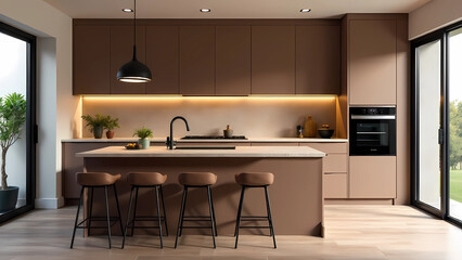 Fototapeta premium Contemporary 2025 Mocha Mousse color, Mocha Mousse chocolate shades. Elegant and cozy kitchen design with marble countertops and gold elements 