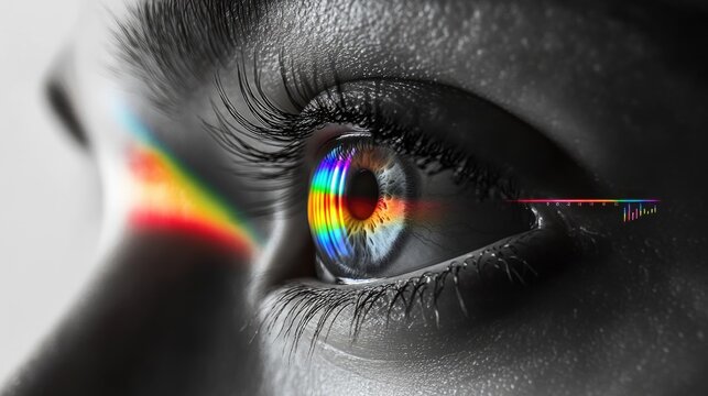 macro view of a human eye in black and white, except the iris which displays a vibrant rainbow hue