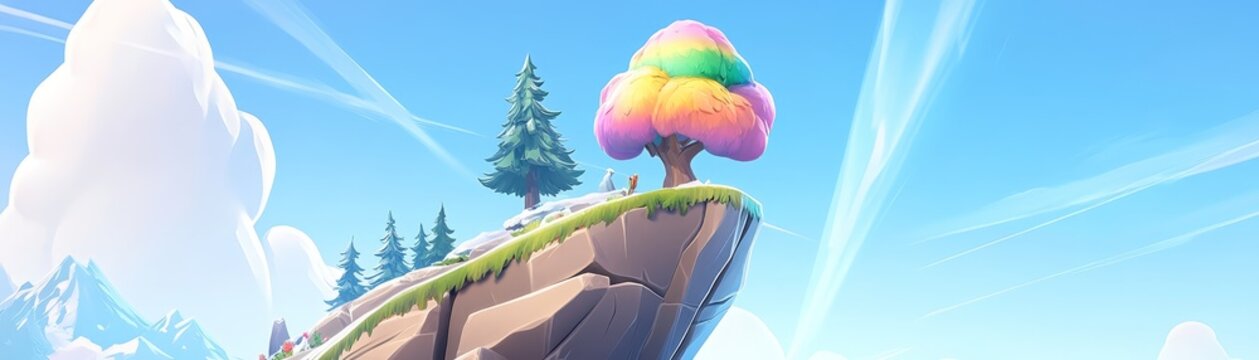 Cartoon character achieves mountain peak conquest triumphant scene of adventure and exploration