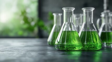 Two laboratory flasks containing a green liquid are focused in the foreground, symbolizing analytical precision and scientific exploration under soft light ambiance.
