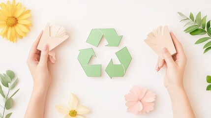 Ecoconscious crafting, hands holding colorful paper flowers with recycling symbol for sustainable future
