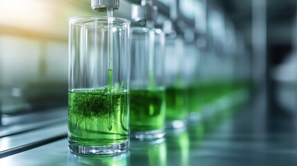 Close-up shot of vertically placed test tubes filled with vivid green liquids, representing the theme of scientific exploration and potential in a futuristic environment.