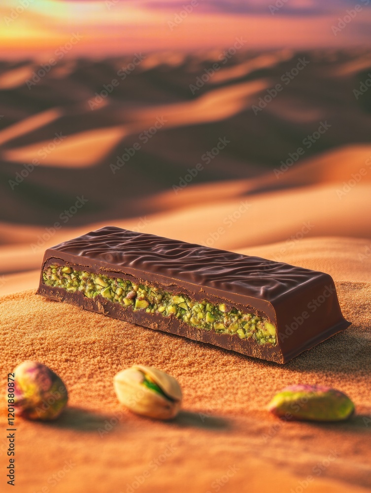 Aufkleber chocolate bar filled with pistachio paste on sandy desert dunes at sunset. generative ai