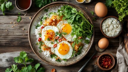 A top-down view of a plate of  with eggs cooked to perfection, accompanied by a variety of condiments like fish sauce, chili paste, and fresh herbs, creating a rich breakfast spread.