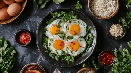 A top-down view of a plate of  with eggs cooked to perfection, accompanied by a variety of condiments like fish sauce, chili paste, and fresh herbs, creating a rich breakfast spread.