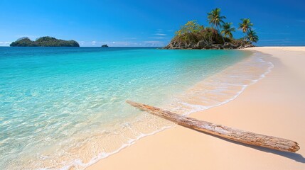 Fototapeta premium Driftwood log lies on a pristine white sand beach next to turquoise ocean water under a clear blue sky.