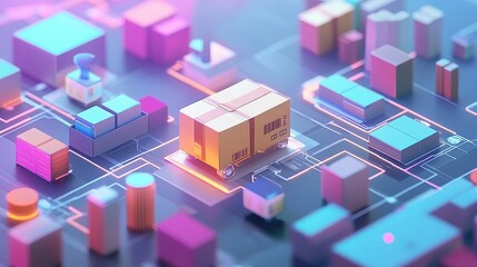 Fototapeta premium Online parcel tracking flat design side view futuristic technology animation colored pastel
