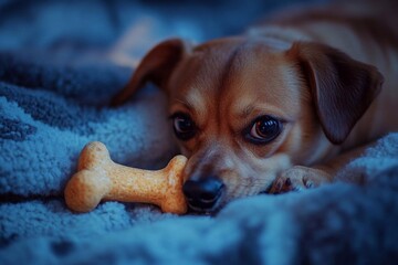 Small Dog Gently Nibbling on a Bone-Shaped Treat