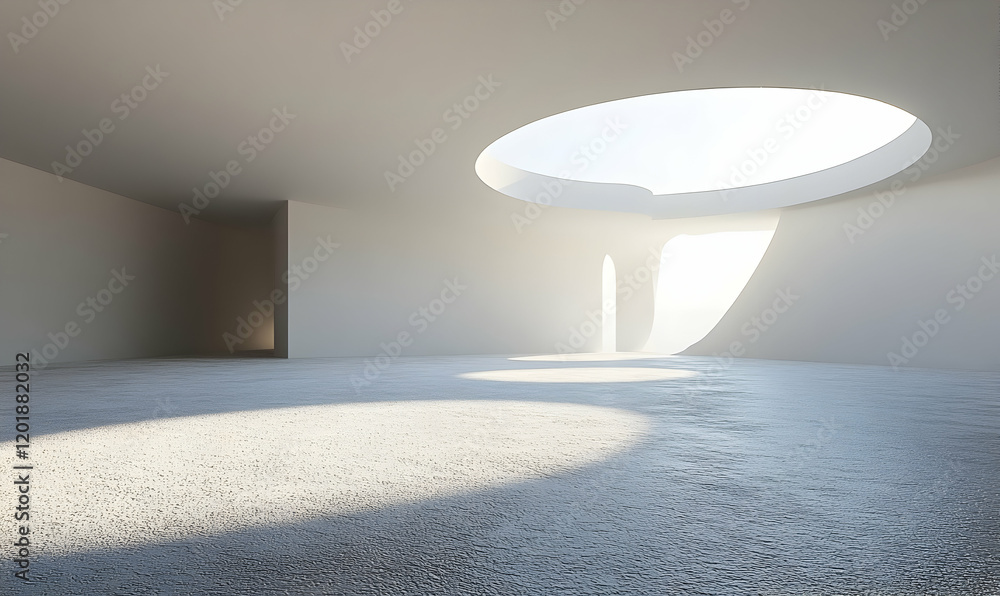 Poster modern minimalist architecture interior design. sunlight streams through unique ceiling oculus, illu
