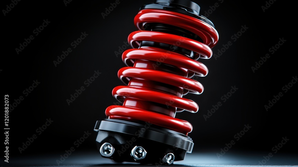 Poster close-up of a red coil spring set against a stark black background, highlighting its texture and sha