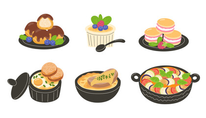 Traditional French Cuisine Set: Ratatouille, Oeufs Cocotte with Tarragon, Onion Soup, Profiteroles, Macarons, and Creme Brulee