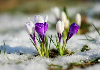 Crocus flowers bloom through melting snow in early spring, showcasing vibrant colors in a serene landscape