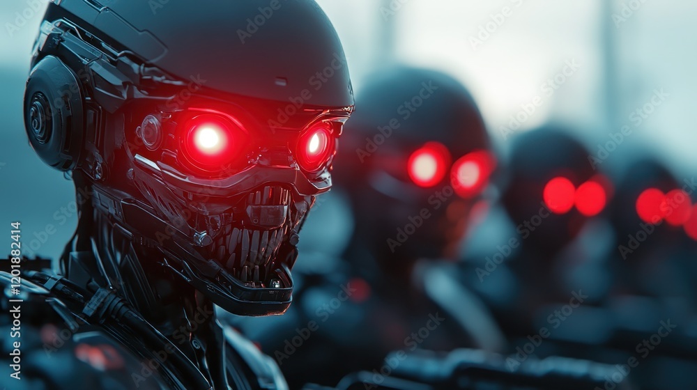 Aufkleber a futuristic scene depicting robots with glowing red eyes positioned in a lineup, conveying a sense 