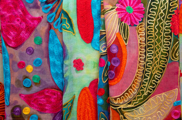 Traditional handmade embroidery Suzani scarves in Uzbekistan