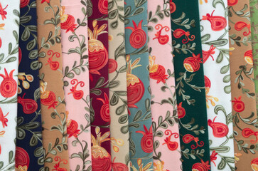 Traditional Uzbek handmade embroidery Suzani scarves in Uzbekistan