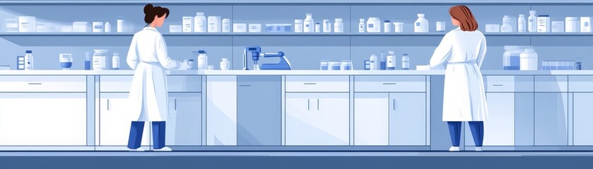 Fototapeta premium Scientists in lab coats conducting experiments in modern laboratory setting