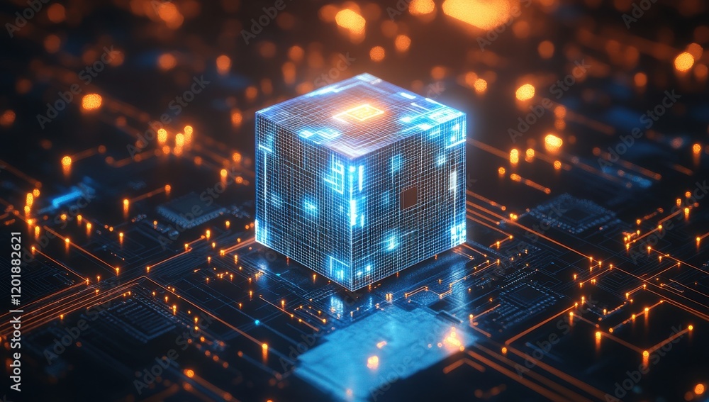 Aufkleber futuristic 3d representation of a glowing cube on a circuit board with neon lights and digital conne