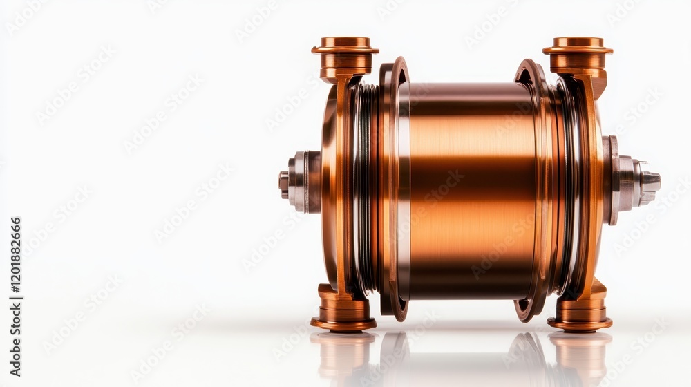 Poster a singular copper mechanical component is prominently displayed, illustrating intricate design and f