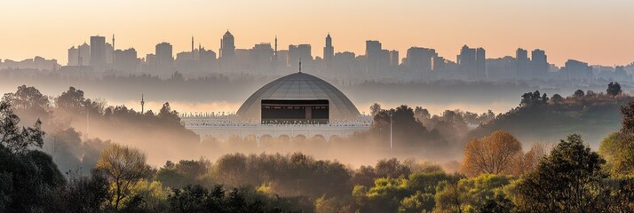 Dome Structure Amidst Misty Forest with City Skyline at Sunrise - Ideal for Travel Promotion