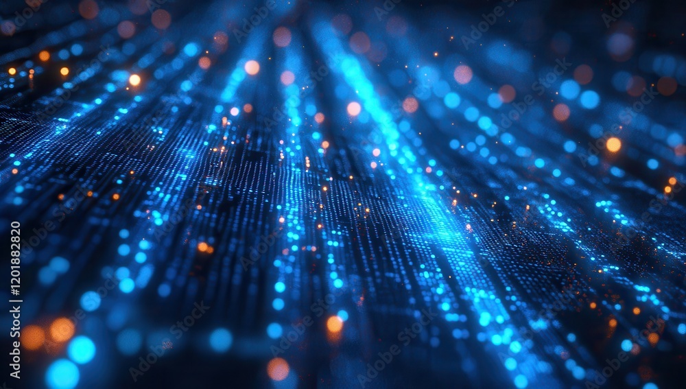 Poster futuristic abstract digital background with glowing blue and orange particles, creating a dynamic se