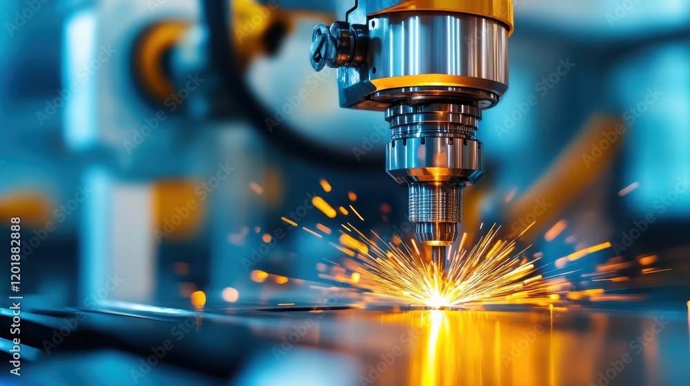 Aufkleber a precision cutting machine in a factory setting emits bright sparks, showcasing advanced manufactur