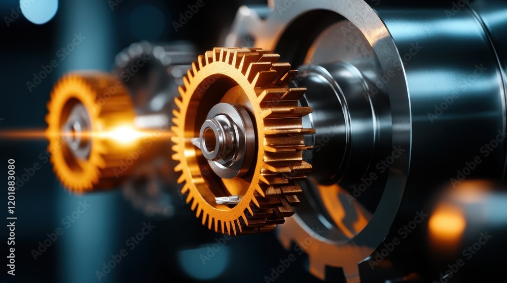 Poster a close-up view of gleaming golden gears intricately working together, symbolizing precision and eng