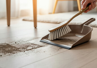 Person cleaning hardwood floor with broom and dustpan in bright indoor setting during daylight hours