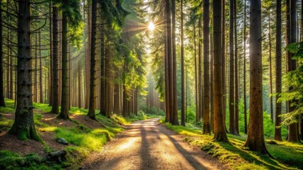 Obraz premium A winding dirt trail leading through a dense forest of tall coniferous trees, with sunlight filtering through the canopy above and casting dappled shadows on the ground., landscape, hiking, dirt path