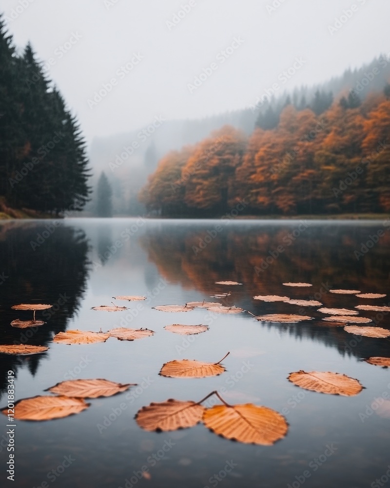 Poster a serene image of leaves floating on a calm lake, creating a beautiful reflection of autumn colors
