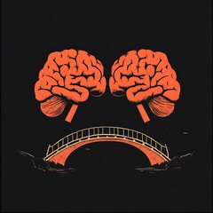 Two Brains Connected By A Bridge Over Darkness In An Artistic Graphic Illustration