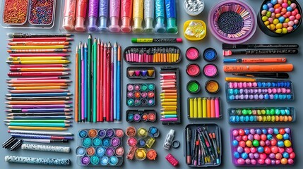 Colorful Art Supplies Arranged Neatly On A Gray Surface