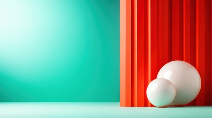 A minimalist image showcasing large white spheres against tall red columns, merging modern design with architectural elegance and simplicity.