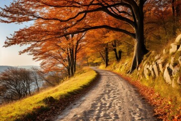 Fototapeta premium Scenic dirt road winds through a colorful autumn forest at sunset, creating a picturesque fall landscape