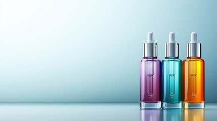 Three colored glass dropper bottles, each with a reflective surface, stand side by side on a soft blue base, representing modernity and minimalism in design.
