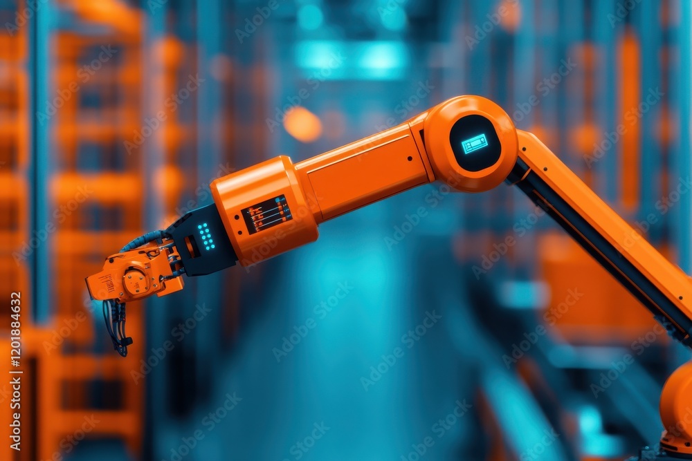 Poster a close-up of an advanced robotic arm in a modern industrial setting, showcasing precision and innov