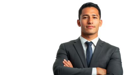 Confident businessman with crossed arms, wearing a suit and tie, exuding professionalism and leadership in a corporate environment.