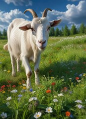 Fototapeta premium A Zaanen white goat grazes in a lush green meadow with wildflowers against a dark blue sky , green meadow, Zaanen breed goat